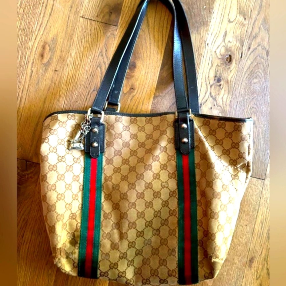 GUCCI Jolicoeur Tote From The Sherry Line With GG Signature Web Stripe Brown/Tan - Picture 2 of 16
